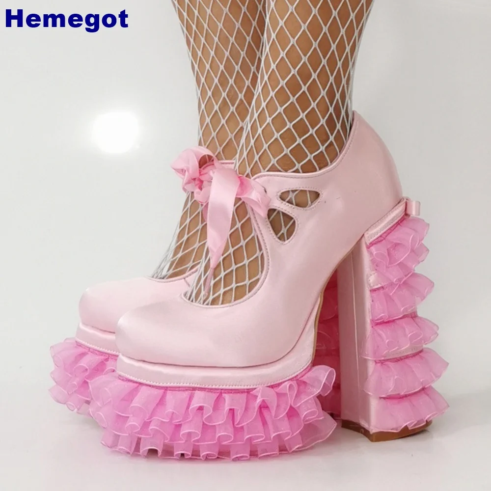 

Sweet Platform Lace Pink Lolita Shoes 2024 New Round Toe Bow Dress Banquet Thick High Heels Fashion Ladies 36-46 Size Pumps