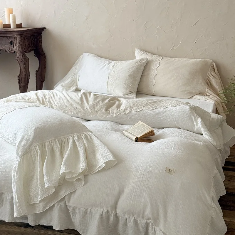 Vintage Lace French Princess Bedding Set 100% Cotton Double Yarn Soft Duvet Cover Flat/Fitted Bed Sheet Large Ruffles Pillowcase