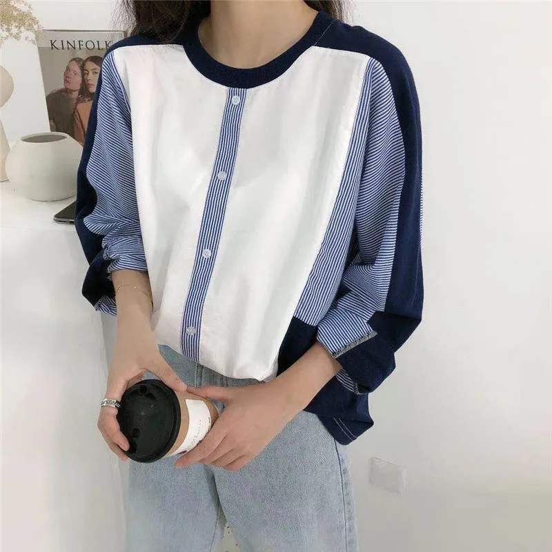 

Striped Shirt For Women Girls T-shirt Stitching Slim Cover Meat Western Style Round Neck Shirt Casual Holiday OL Fashion T0075