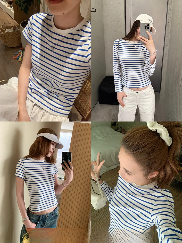 

Xzichic, хлопковая футболка в полоску в стиле ретро, женская летняя новая футболка длиной до плеч, повседневная круглая футболка Ne