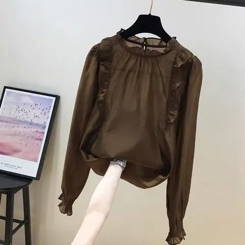 

2024 Women Spring Autumn Fashion Long-sleeved Shirt Tops Female O-neck Chiffon Blouse Ladies Solid Color Loose Shirts E772