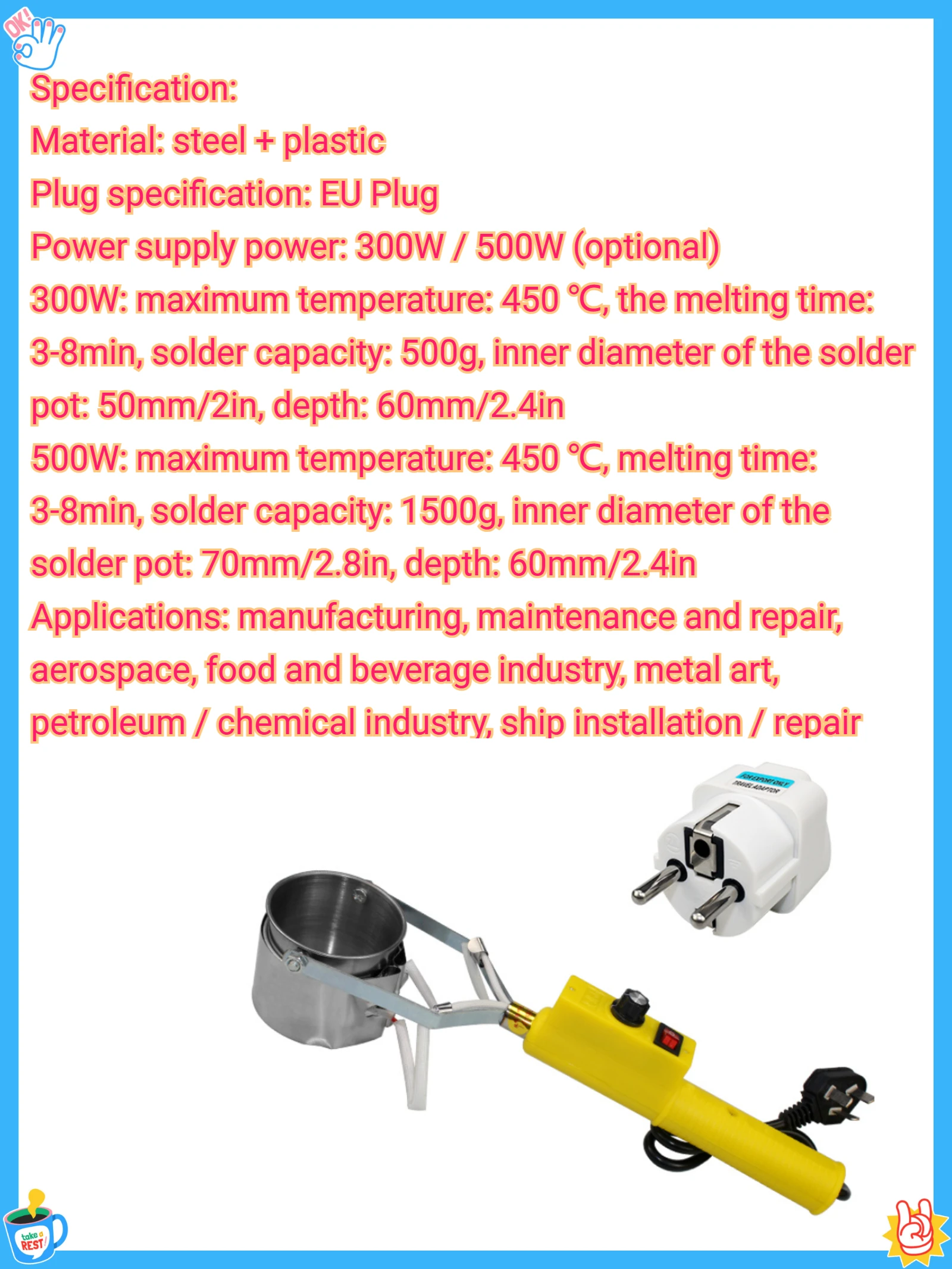 300W/500W Handheld Temperature Regulating Tin Melting Furnace Handheld Solder Pot Tin Furnace Mobile Tin Furnace Construction