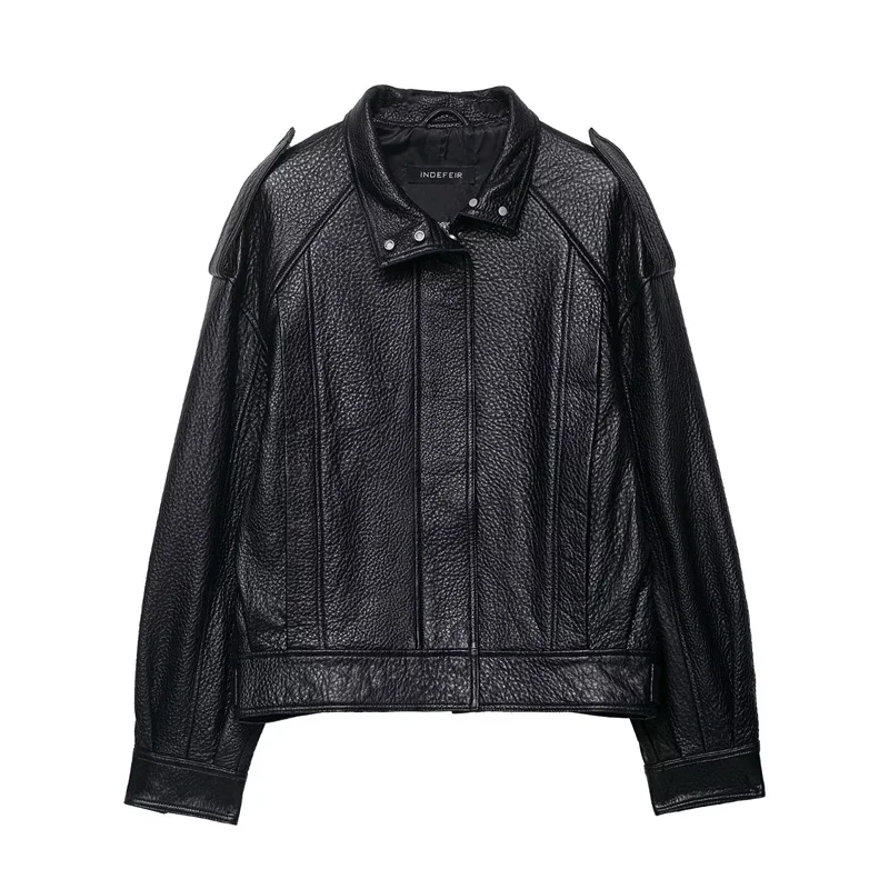 

Women's Jacket 2025 Autumn New Arrival Black Long-Sleeve Faux Leather Pilot Jacket Motorcycle Style Fashionable and Stylish
