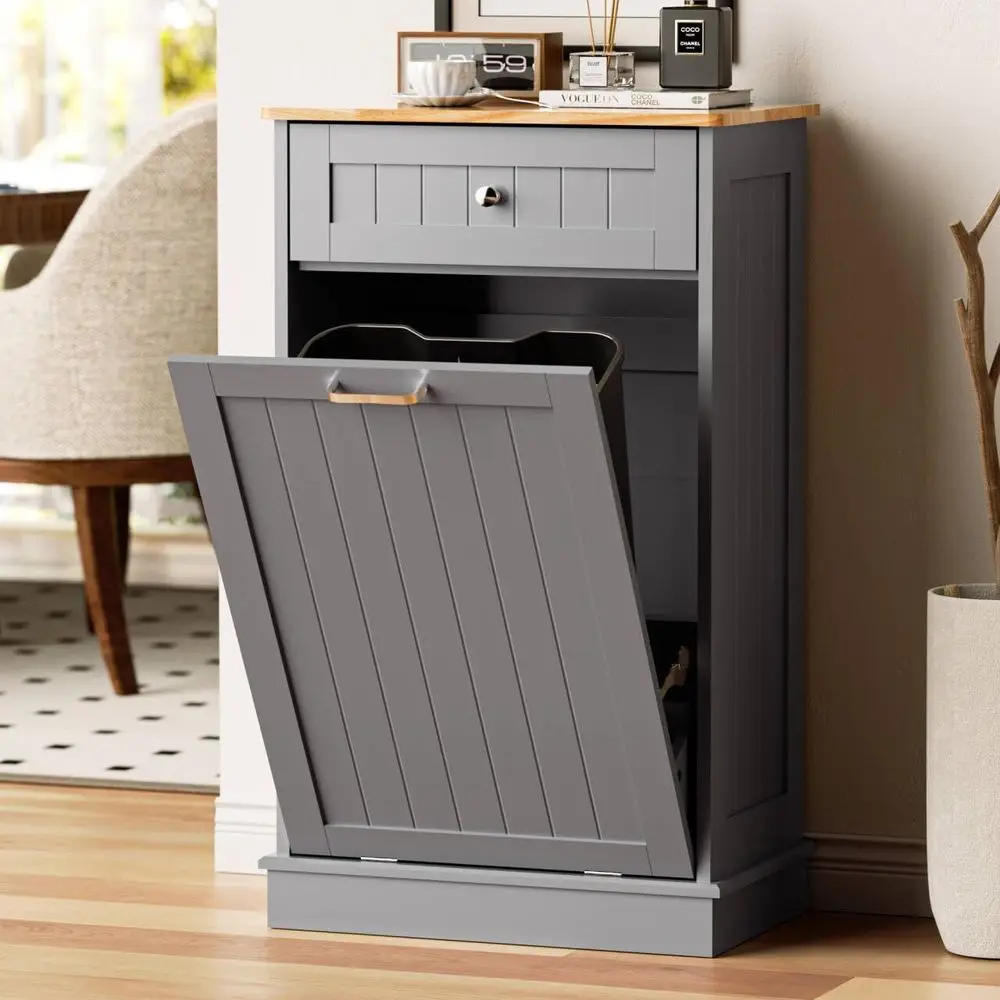 

13 Gallon Wooden Freestanding Hidden Trash Can Cabinet with Odor Control, Laundry Hamper, for Kitchen or Bathroom, Grey