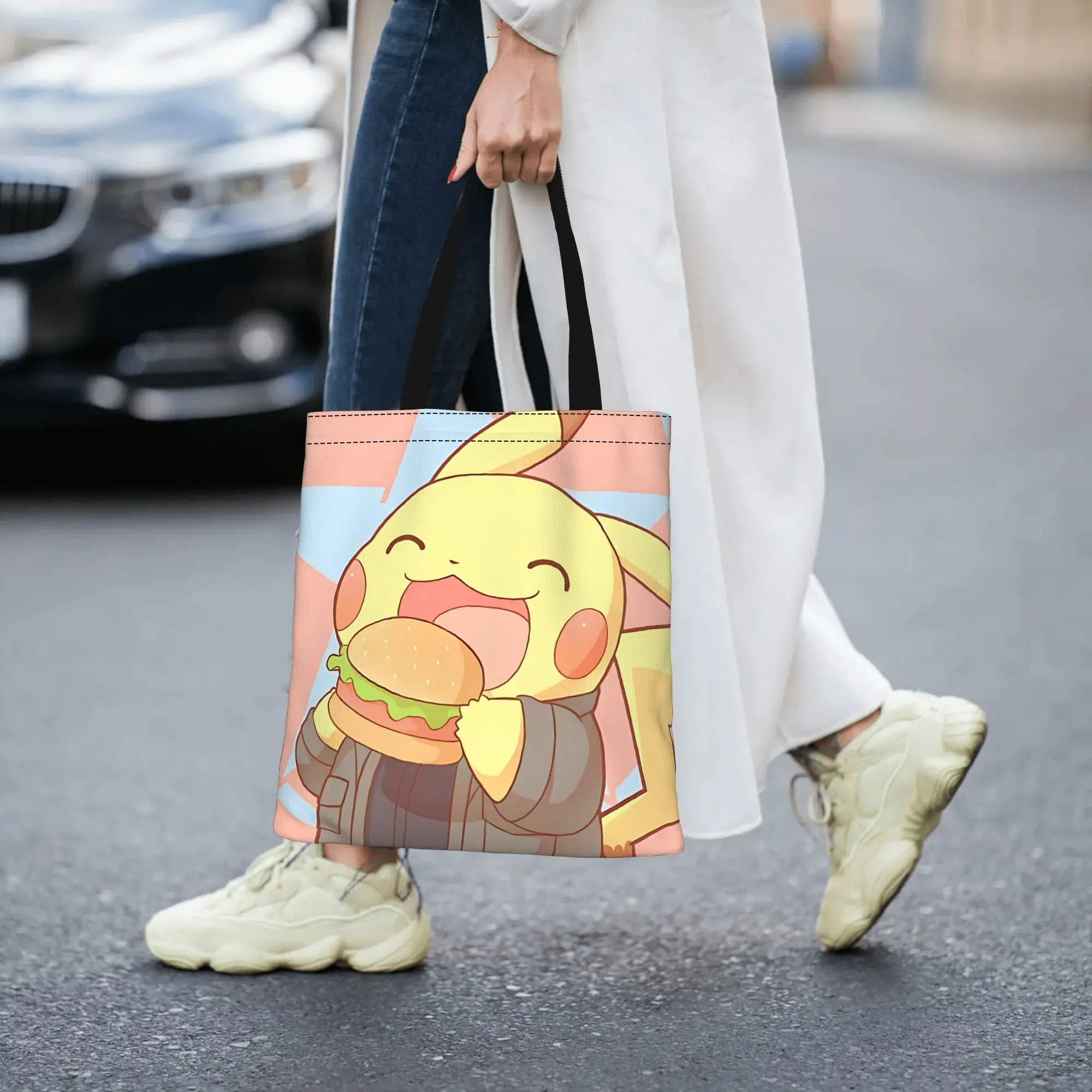Customized Cartoon Pokemon Theme Women's Bag Shopping Bag Reusable Double Sided Canvas Tote Bag Shoulder  Handbag