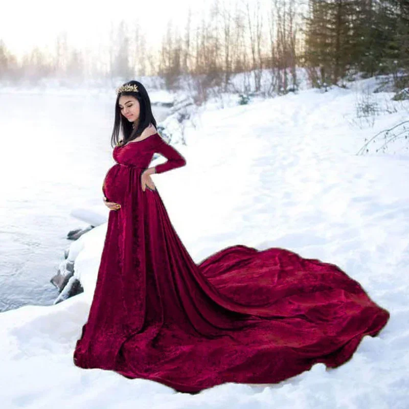 사진을위한 출산 복장 출산 사진 복장 맥시 가운 임신 여성 v 넥 긴 소매 벨벳 롱 드레스