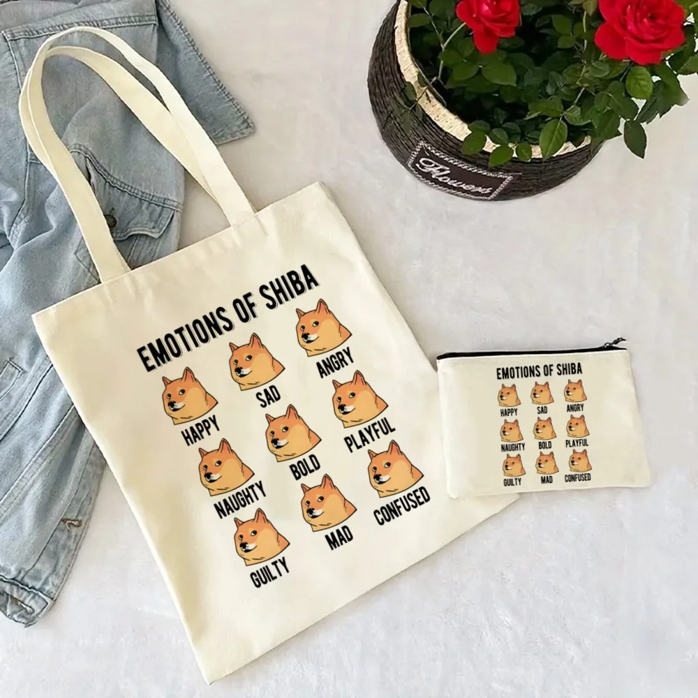 Shiba Gift Bag, 2pcs Cute Dog Tote Bag Set, Canvas Shoulder Handbag with Makeup Storage Bag, Folding Grocery Shopping Bag