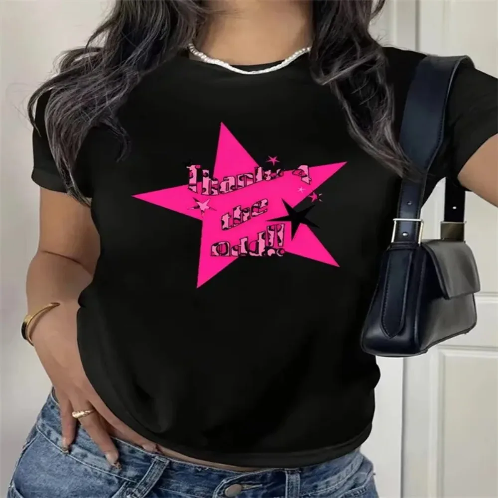 T-shirt d'été imprimé étoiles pour femmes, col rond, manches courtes, vêtements décontractés à la mode, mignons, confortables et minimalistes