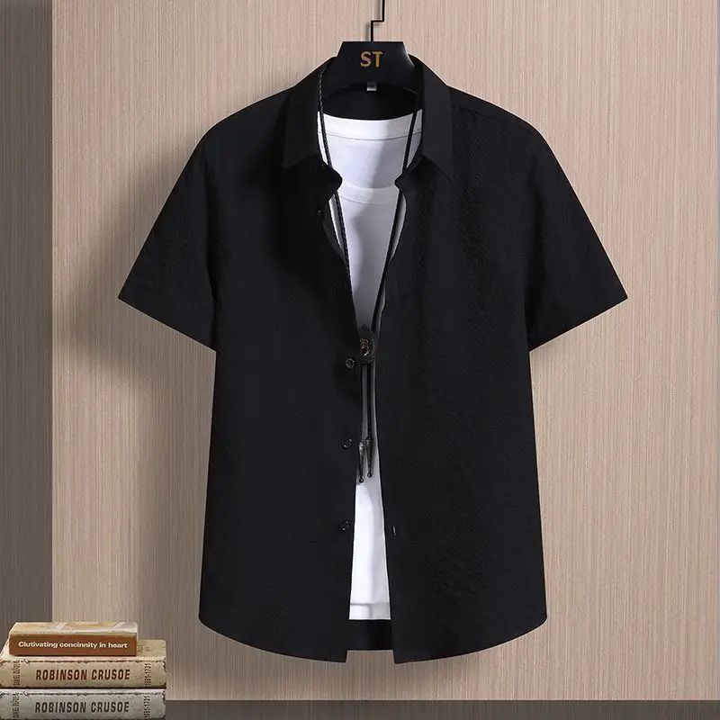 2026 Summer Men's New Fashion Short-sleeved Shirt Solid Color Simple Thin Shirt