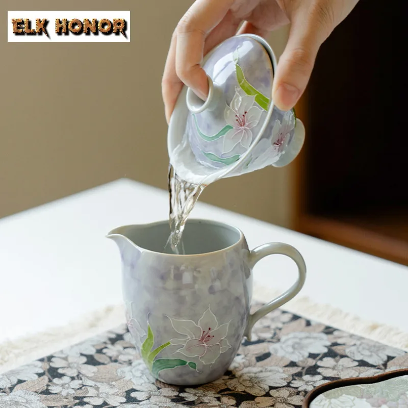 110ml Misty Purple Pure Hand-painted Lily Gaiwan Boutique Tea Tureen Tea Bowl With Lid Kit Tea Brewing Cover Bowl Tableware Gift