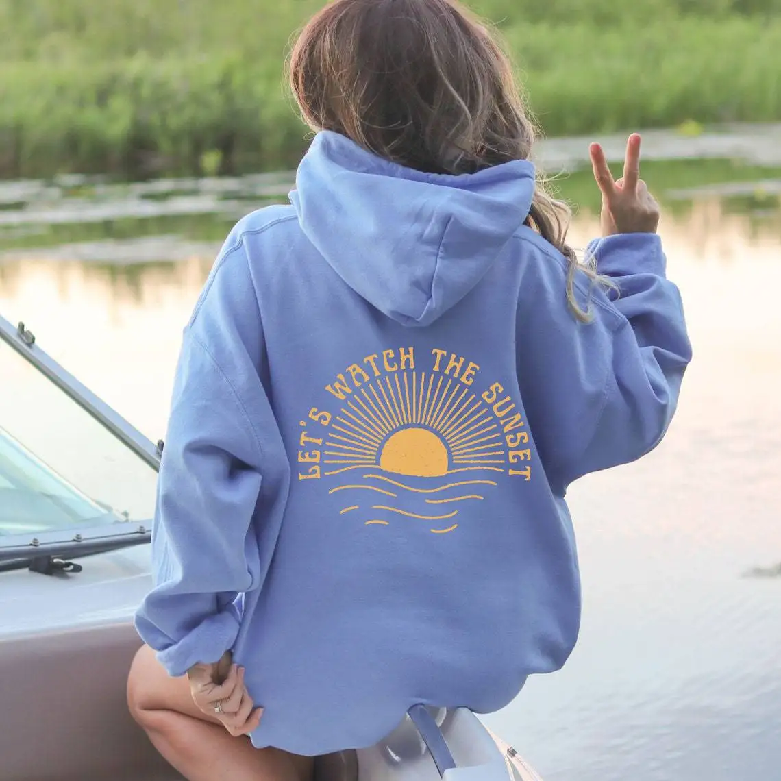 LET S WATCH THE SUNSET Women\'s Velvet Hoodie Solid Color English Letter Slogan Printed Kangaroo Pocket Drawstring Printed Hoodie