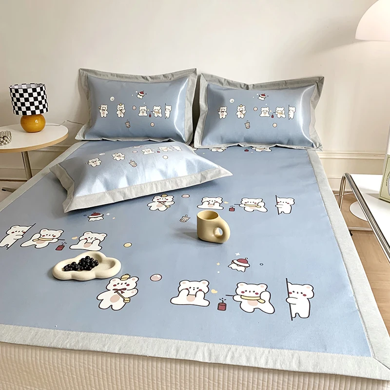 Cartoon summer ice silk mat three-piece single double bed mat air conditioning soft mat