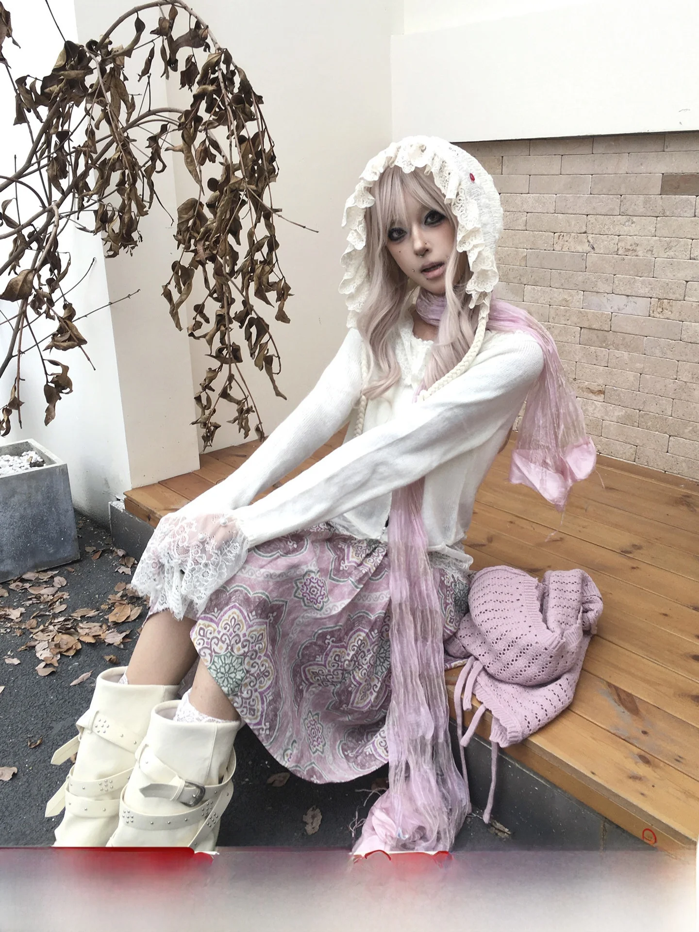 

Soft Fene Patchwork Lace Splicing Knitted Sweater Women's Autumn Winter Milk White Bubble Pine Oil Vintage Base irt