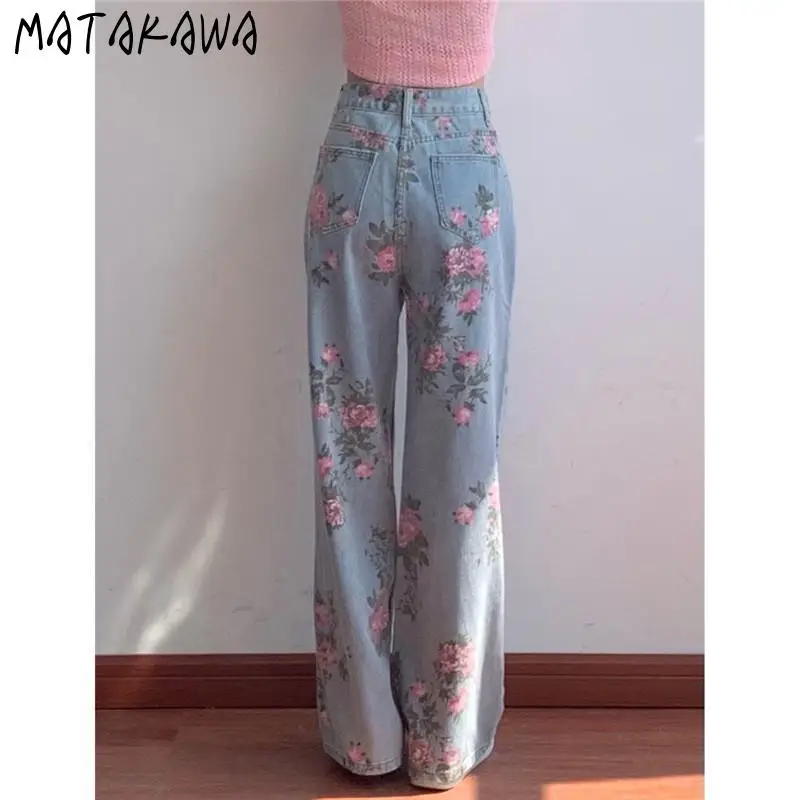 MATAKAWA Baggy Jeans Korean Fashion High Waist Slim Vintage Print Loose Straight Women\'s Pants Y2k Elegant Wide Leg Vaqueros