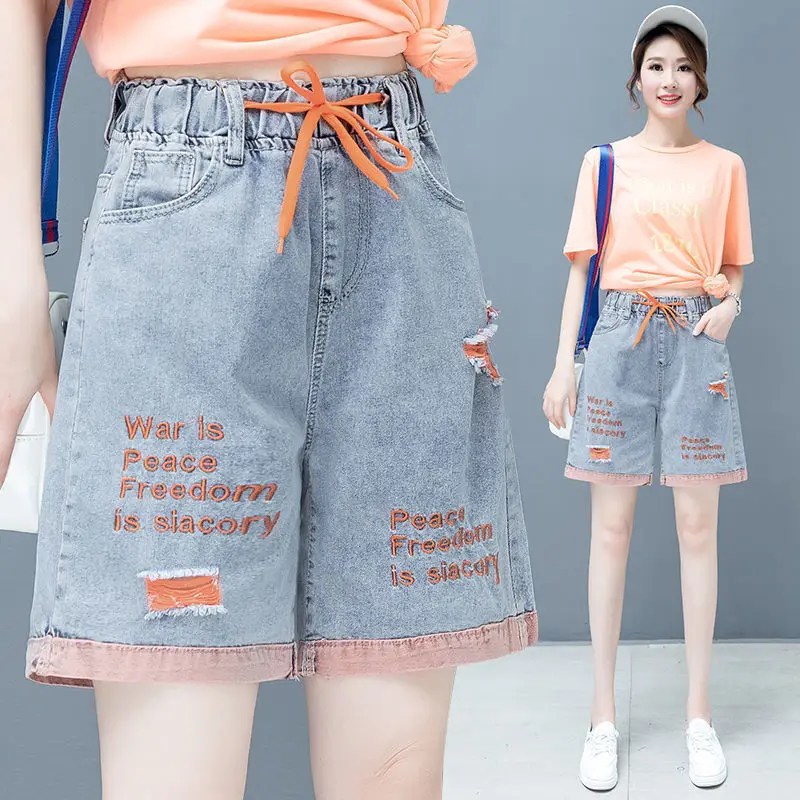 

Women's Loose Wide Leg Jeans orts High Waist Slimming Elastic Waist Embroidered Five-Quarter Hot Pants Trendy Summer orts