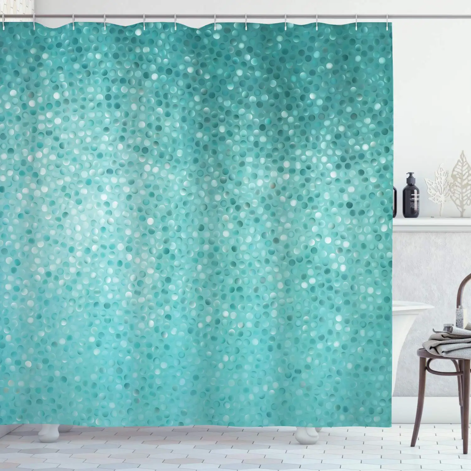 Glitter Dot Shower Curtain, Modern Small Tiles Shape, Simple Classical Design, Waterproof Cloth Fabric Bathroom Curtains