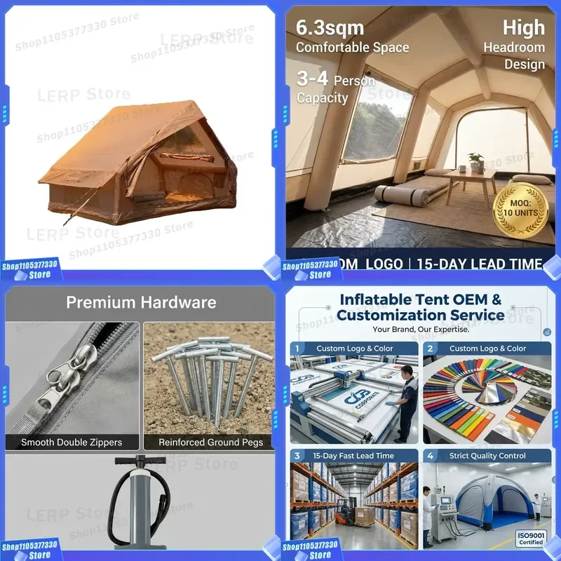 Custom 6.3sqm Inflatable Glamping Tent Panoramic Star View Roof and Large Entrance Waterproof 300D Material Quick Setup