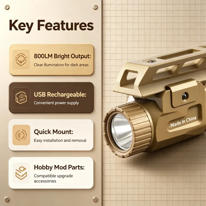 800LM LED Flashlight USB Rechargeable Outdoor Lamp Quick Release Mount for Model Display