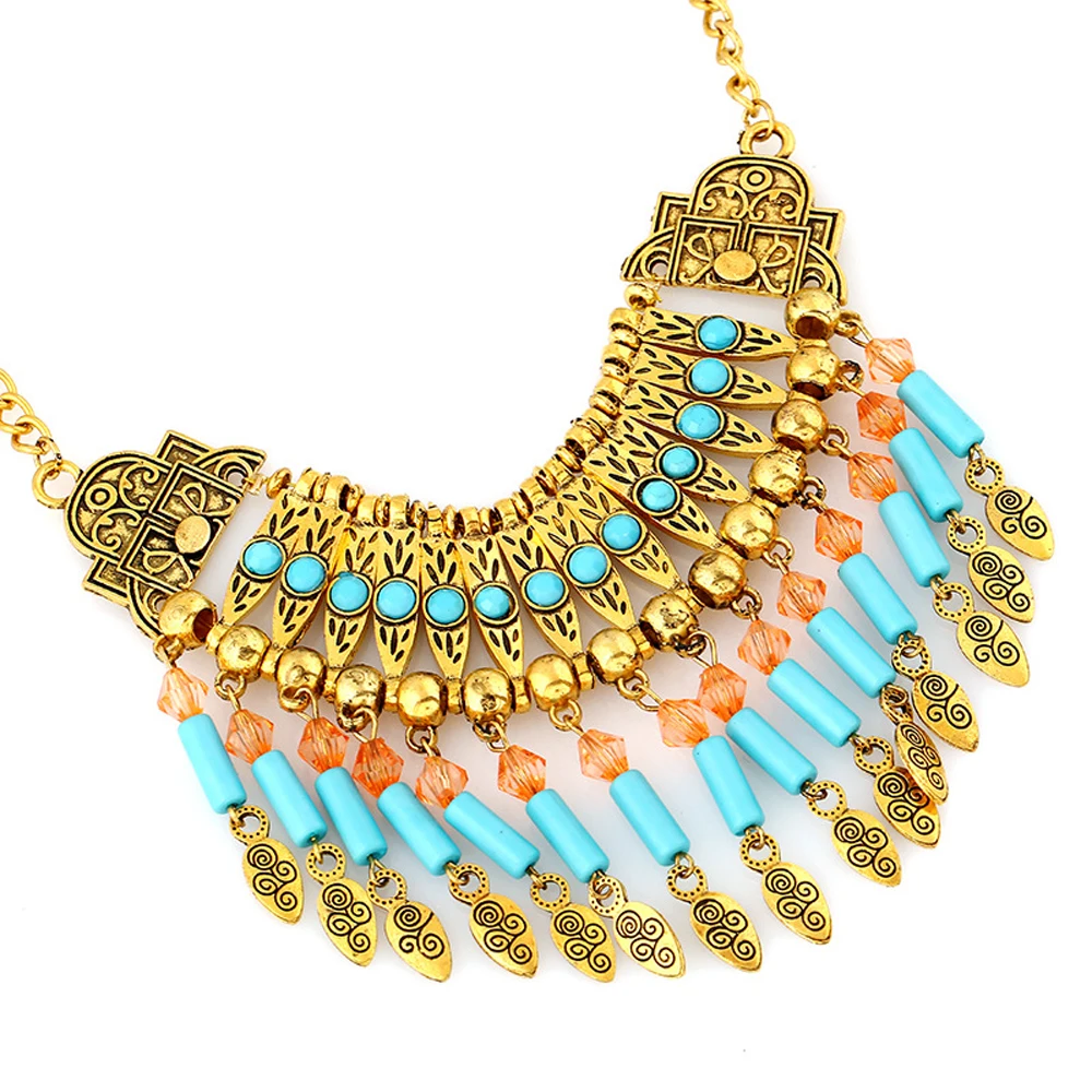 Boho Gypsy Vintage Choker Necklace Earrings for Women Blue Acrylic Bead Crystal Carved Ethnic Dress Collar Indian Jewelry Sets