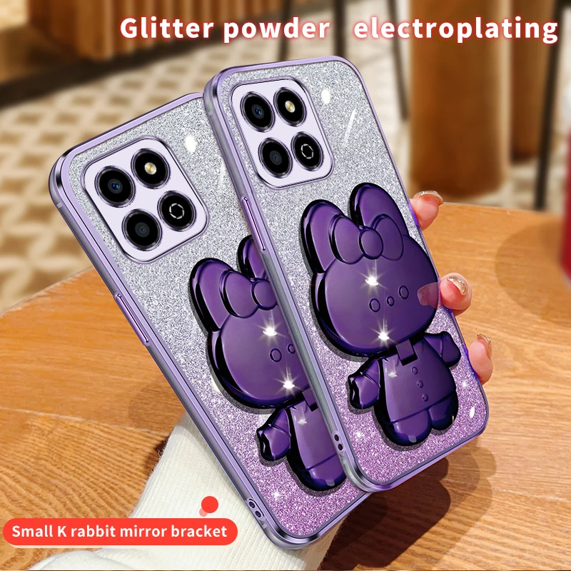 Case HONOR X8b X8a X8 X9a X9b X7a X7b X6 X6a 9X 8X X50 X40 X30 X20 X10 Gradient Glitter Makeup Mirror Rabbit Folding Stand Cover