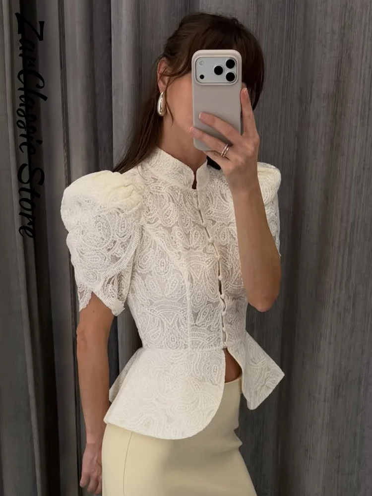 Elegant Lace Women's Blouse Summer Stand Neck Waist Cinching Short Sleeve Cropped Fitted Shirts New Causal Street Clothes 2026