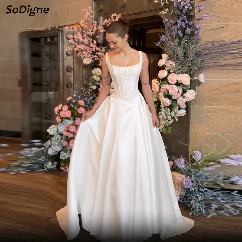 

SoDigne A-line Satin Lace Appliques Bride Dresses Sleeveless Wedding Dress Long Bridal Gowns vestidos de novia Customized