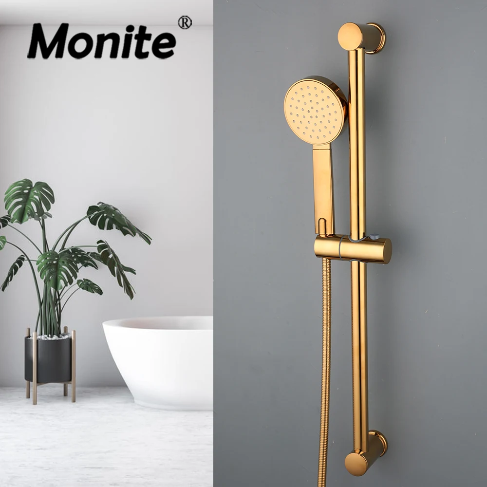 Haste de Chuveiro Portátil Monite-bathroom Plástico Abs Montado na Parede com Chuva Torneiras de Mão Redondas Acabamento Dourado Furos