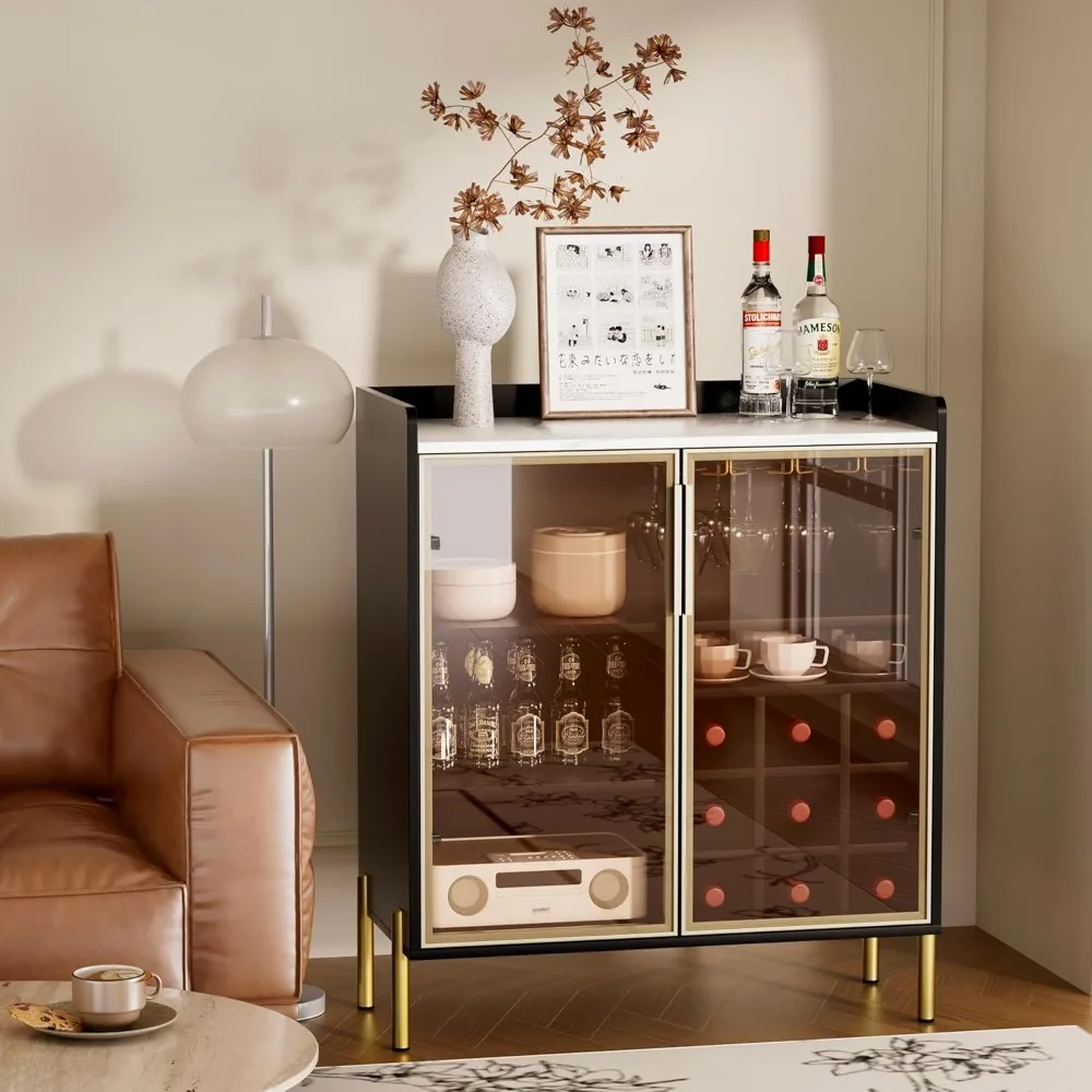 coffee bar cabinet with aluminum frame glass door, black wine bar & liquor cabinet, modern black sideboard buffet cabinet with s