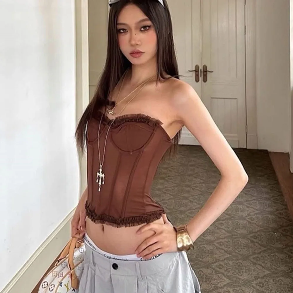 

Off Shoulder Corsets Women Corset Bustier Sexy Transparent Mesh Shaping Tops Summer Vintage Lace Up Tube Top Black White