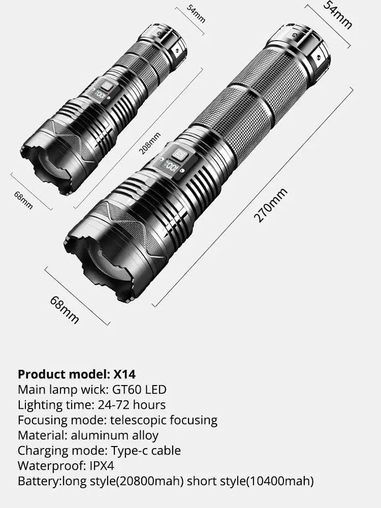 屋外LED懐中電灯,20800mAhバッテリー,100w gt60,ズーム可能,緊急トーチ,パワーディスプレイ