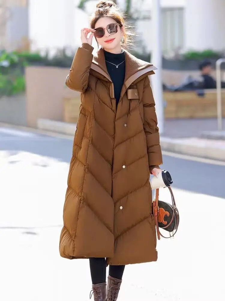 Temperament Grote reverskraag Witte eendendons Donsjack Dames Winter Nieuwe gebreide splitsen Over de knielengte Dikke jas
