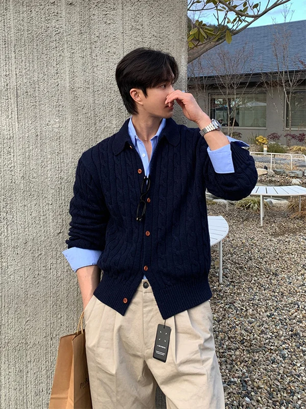 

Мужской повседневный вязаный свитер с воротником, свободного кроя, осенне-зимний, из полиэфирного волокна, с длинными рукавами, на пуговицах, теплый и удобный.