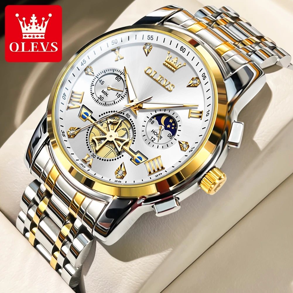 OLEVS 2856 New Men\'s Watches Luxury Classic Flywheel Design Waterproof Chronograph Moon Phase 24 Hour Quartz Wrist Watch for Men