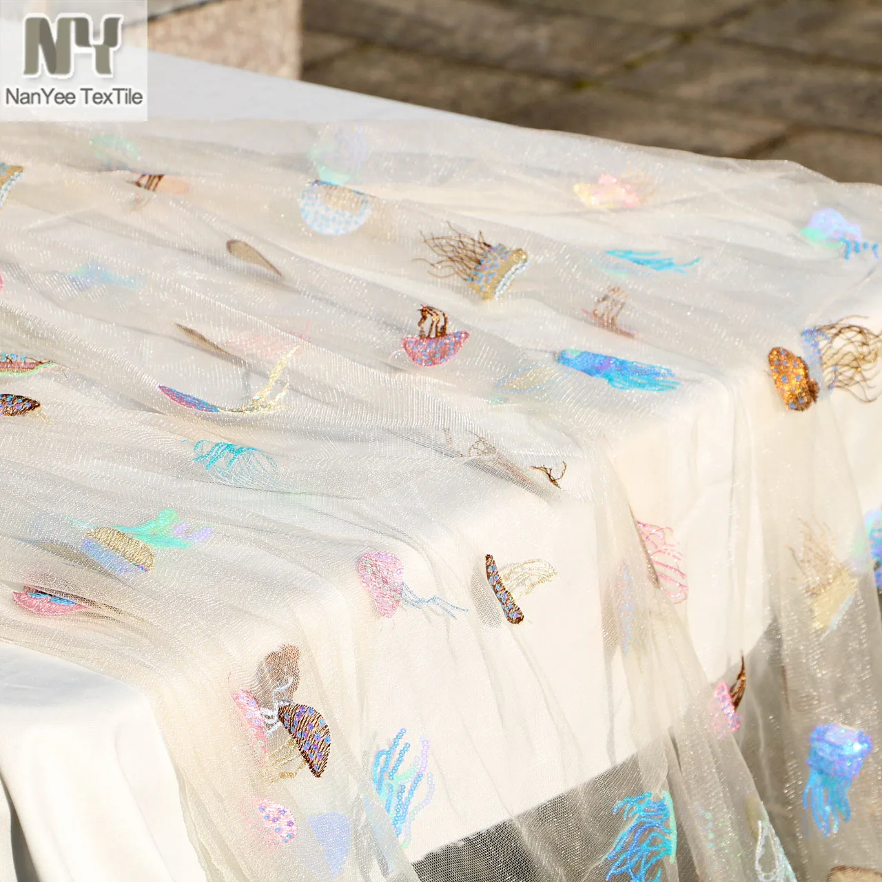 Multi Colors Sea Animal Jellyfish Shell Fishes Designs Sequin Embroidered Tulle Netting Fabrics