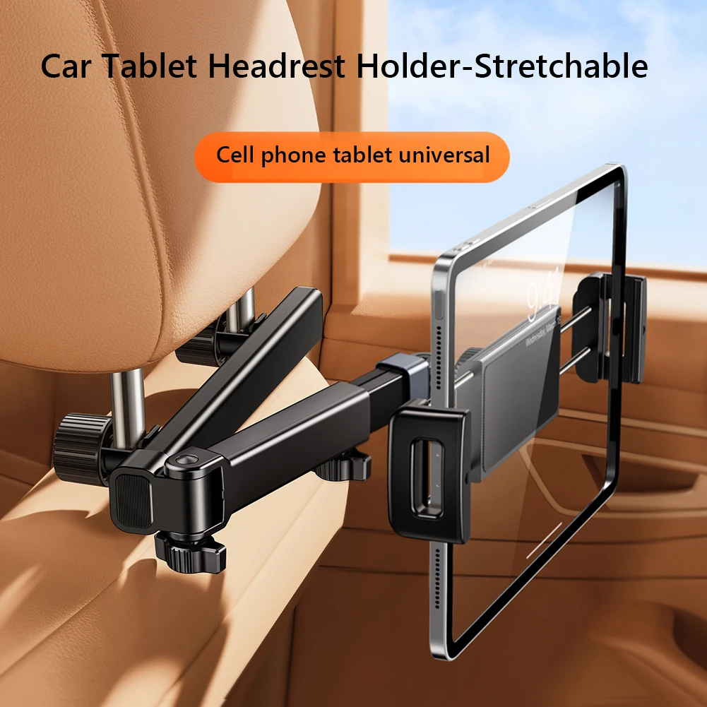 Car Headrest Tablet Mount Stretchable Arm Headrest Stand Cradle 360 Rotation for 4.7-12.9inch Device for Cell Phones and Tablets