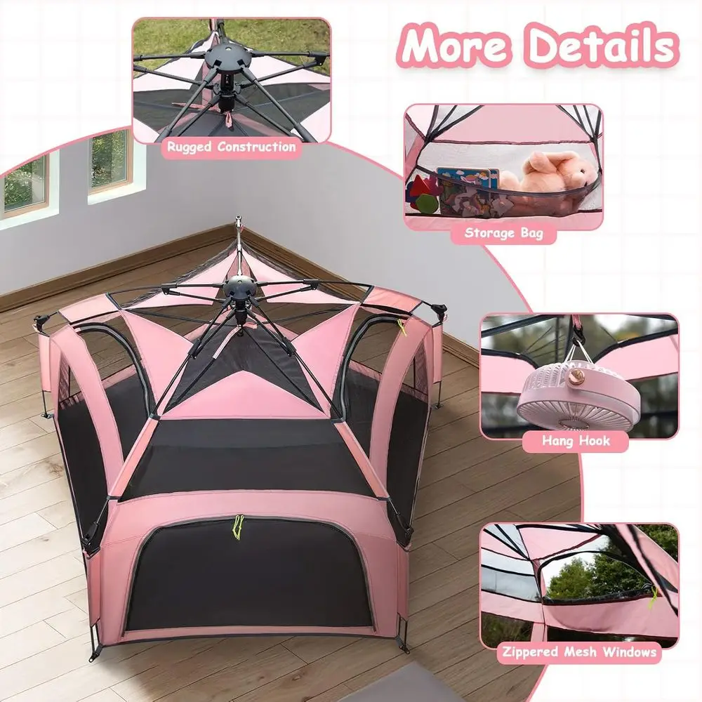 ポータブルピンクプレイペンテント - ビーチ、旅行、幼児向けのキャノピー付き屋内外プレイエリア