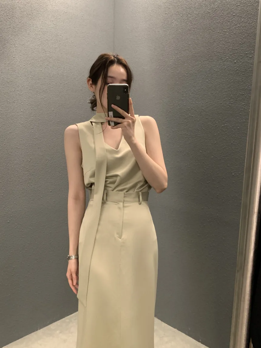 

Satin Svel Vest Top Women's Slimming High Waist Skirt Faionable Versatile Straight Cut Belted f-length Skirt