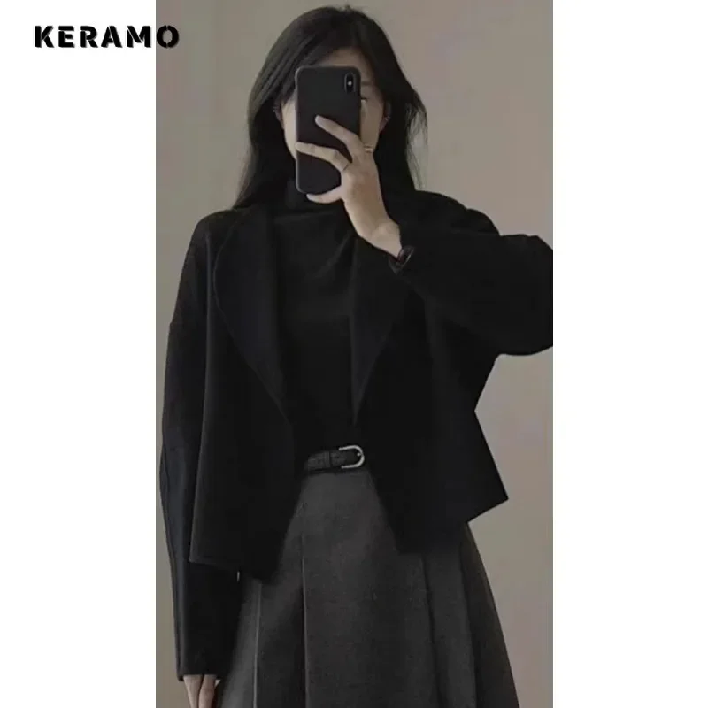 2024 Winter Casual Office Lady Style Wool Jacket Women Vintage Long Sleeve Outerwear Loose Solid Color Notched Collar Warm Coat