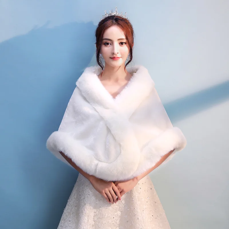 Off White Wedding Jacket New Bridal Fur Rabbit Hair Soft Ceremony Shawl Adult Winter Dress Thickened Warm Bridal Banquet Cape