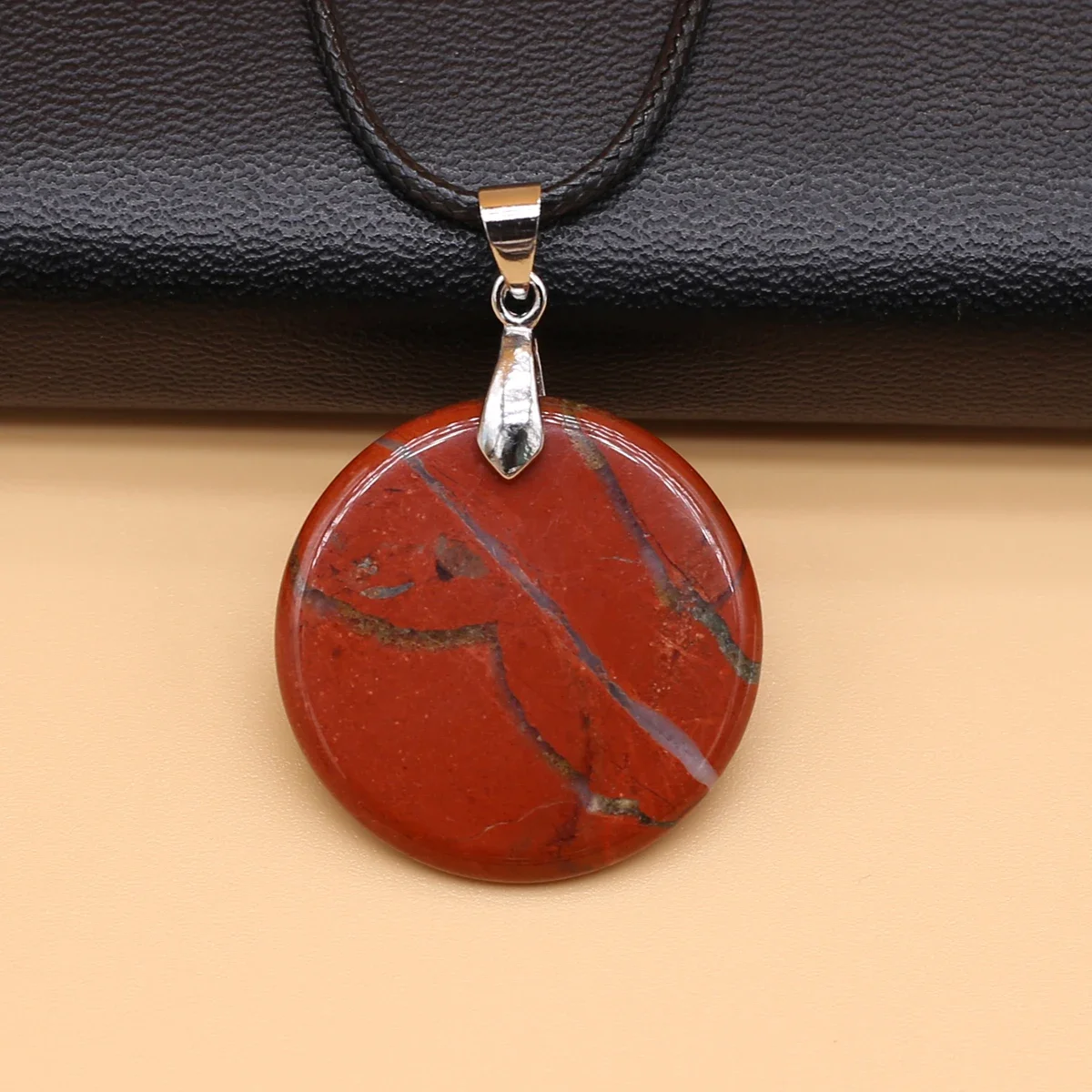 Natural Red Stone Pendant Necklace Round Shape Natural Amazonites Pendant Necklace for Making DIY Jewerly Party Gift Length 45cm