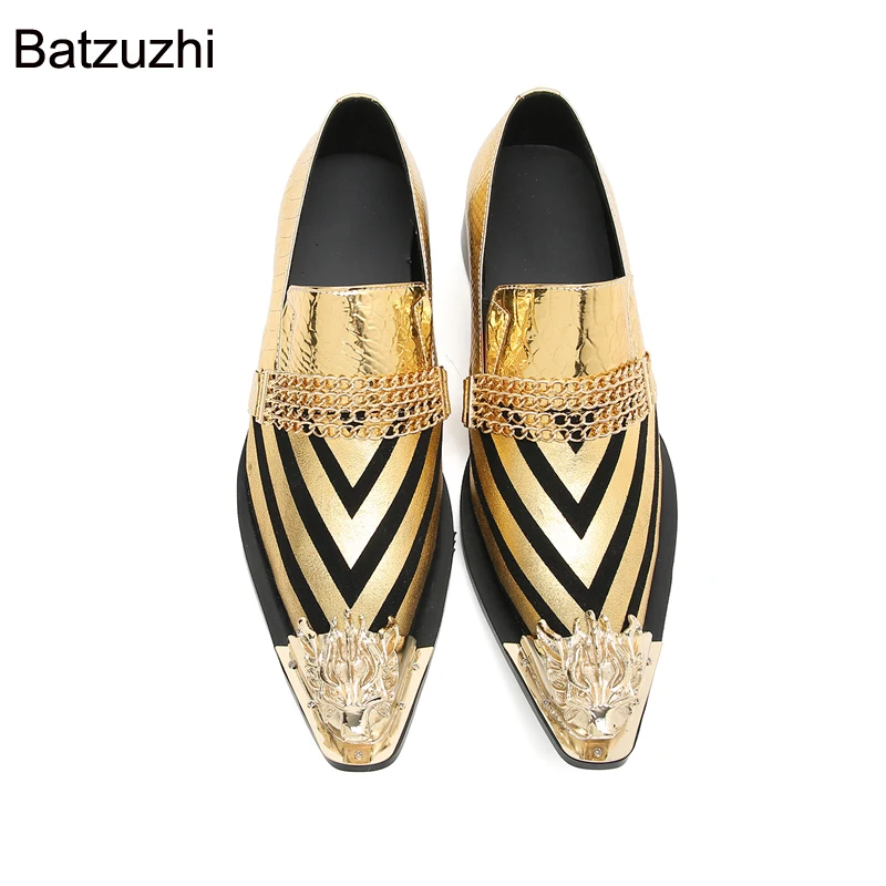 Batzuzhi Grey/Gold Formal Business, Party Shoes Men Luxury Italian Men\'s Shoes Pointed Metal Toe Leather Dress Shoes Men