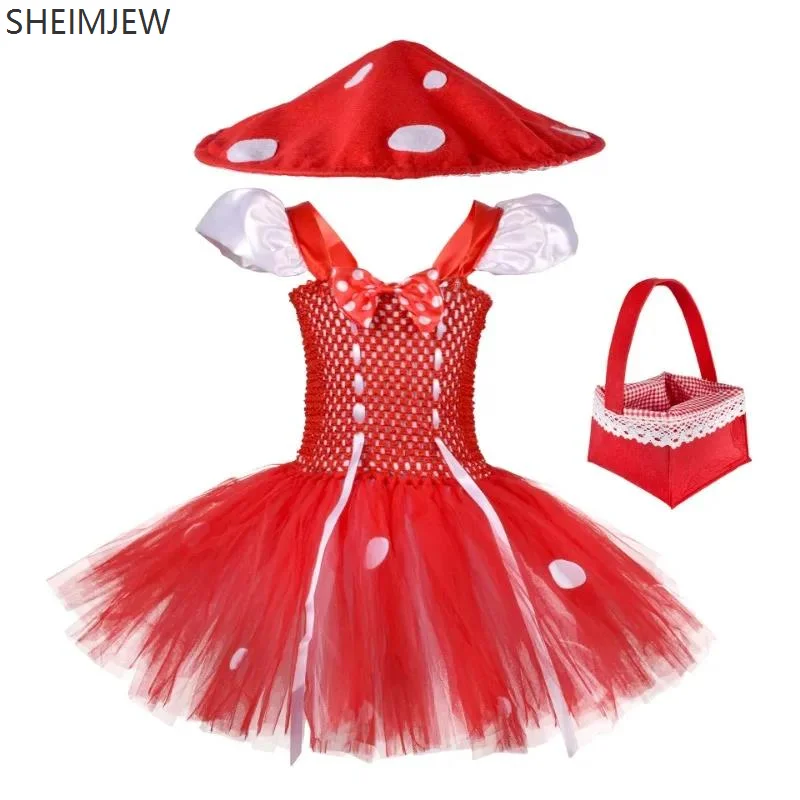 

Girls Mushroom Role Play Dress Costume Children Red Mushroom Suit Cute Hat Costume Baby Halloween Carnival Party Dress Up Gown