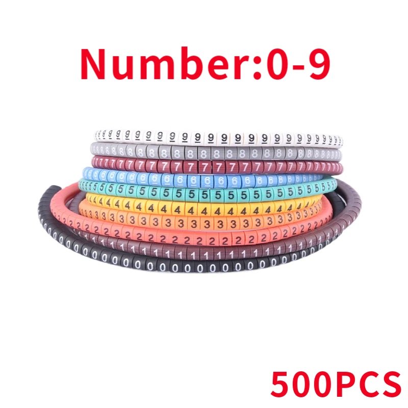 Marcadores coloridos do cabo do tubo do número, marcador 0 a 9 do fio para o tamanho do cabo 1.5 2.5 4.0 6.0 sqmm, 0 a 9, 500Pcs