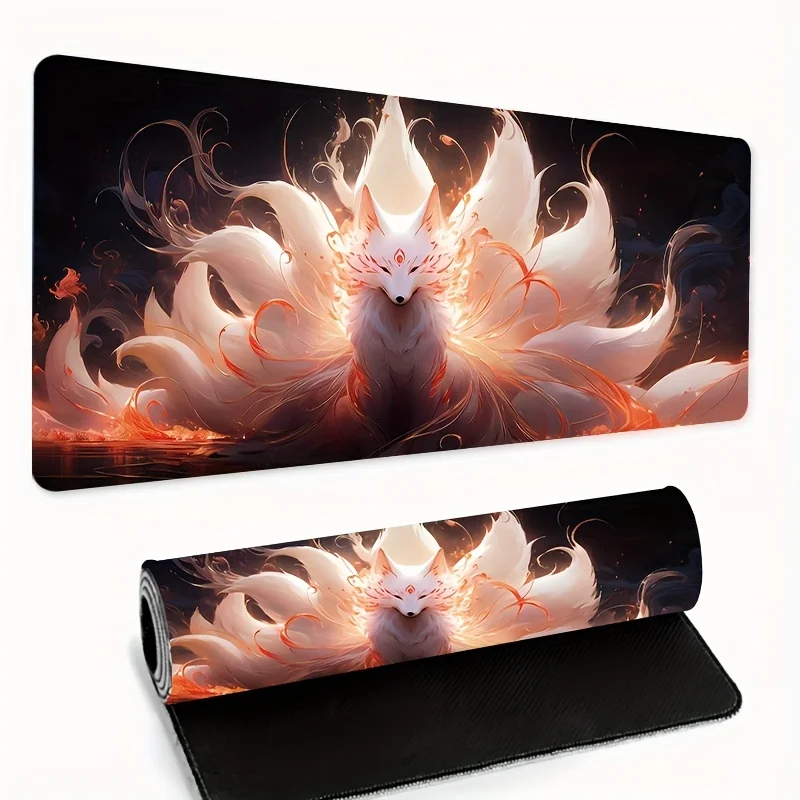 Anime White Fox Designed Large Gaming Mouse Pad 900x400 Rubber Fine Sewn Border Slide Mat for Esports Desk Mat and Computer Use