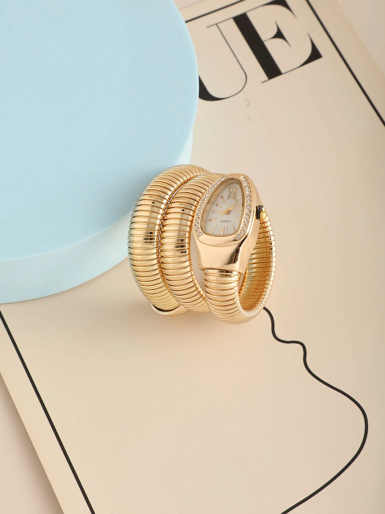 Women Gift Snake Shaped Wristwatch, Rhinestone Roman Numeral Coil Bracelet Watch