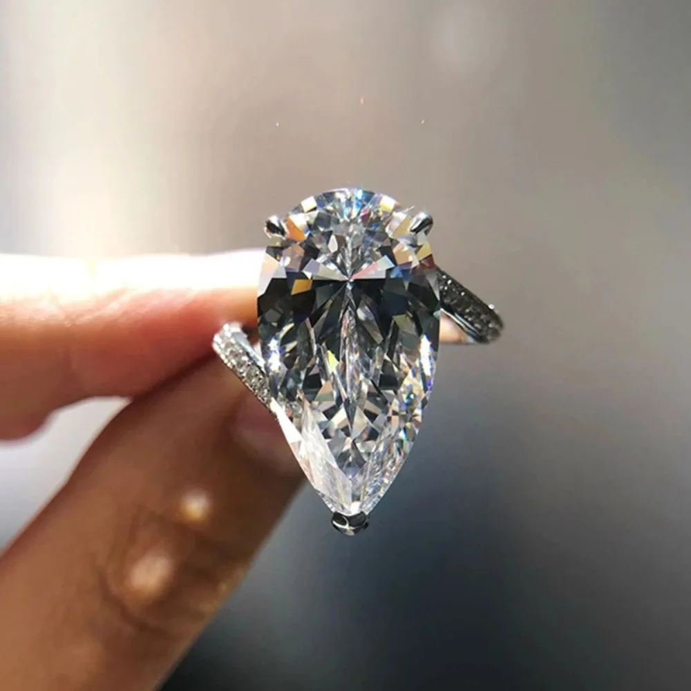 Bague Solitaire de Luxe en Zircon 5A Forme Poire Grande Taille, Sertie sur Quatre Griffes, Bande Partagée, pour Femme, Bijou Fin pour Promesse, Mariage, Cocktail