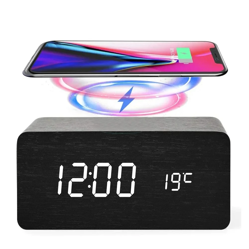 

Wooden LED Digital Alarm Clock with Wireless Charging Time Date Temperature Display for Office Bedside Use