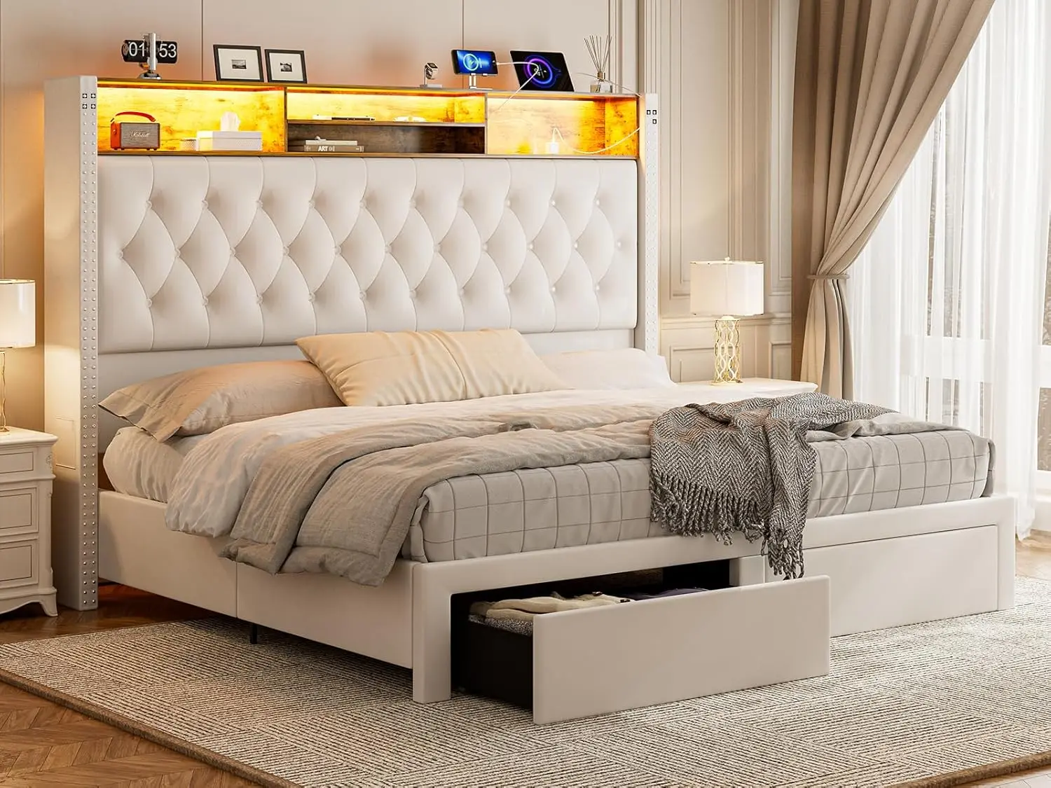 King Size Bed Frame with Headboard and Storage, 60“Tall Bed Frame with 2 Drawers, Tufted Wingback Bed Frame King Size