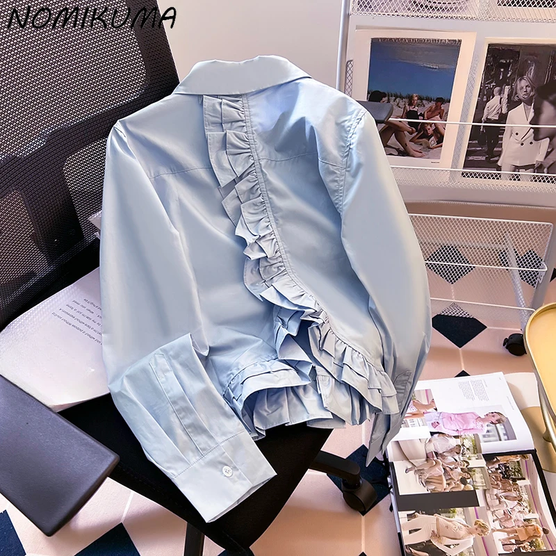 

Nomikuma Elegant Blue Shirt Spring Autumn 2023 New Chic Korean Ruffle Edge Women's Shirt Fashion Turn-down Collar Short Tops