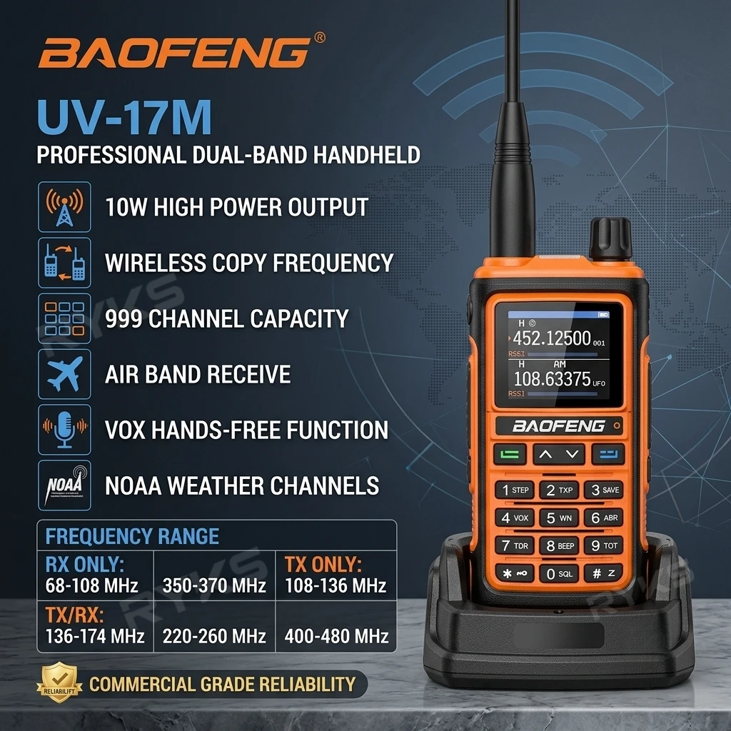 Walkie-Talkies para Trabajo al Aire Libre, Baofeng UV-17, 10W, AM, Copia de Frecuencia Inalámbrica, Vox, Carga Tipo-C, 999 Canales, Set Inalámbrico